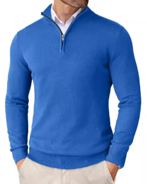 Flat lay of men's half-zip jumper highlighting stand collar and zip closure