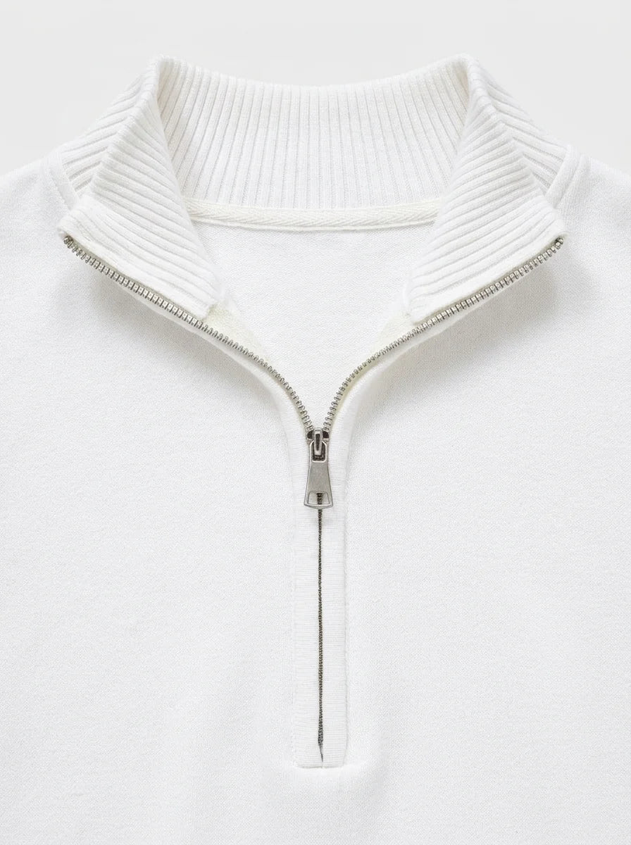 Men's half-zip jumper paired with chinos for office-appropriate smart-casual outfit