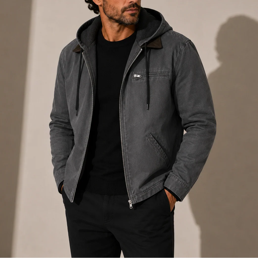 Men's hooded jacket in grey with fleece lining, full zip closure, and adjustable hood for casual wear