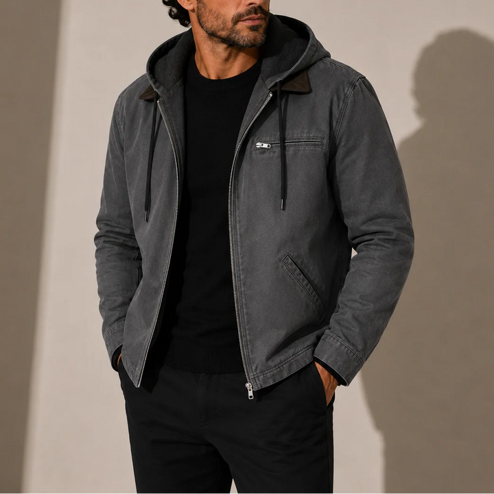 Men's hooded jacket in grey with fleece lining, full zip closure, and adjustable hood for casual wear