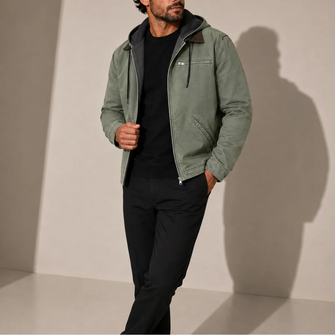 Side view of men's hooded jacket displaying regular fit silhouette and ribbed cuffs for comfort