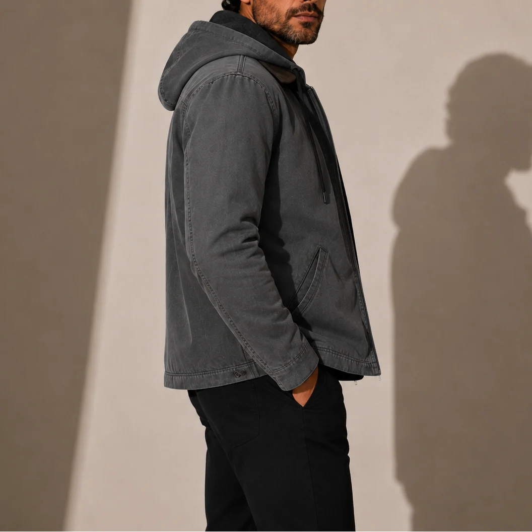Full-length view of men's hooded jacket showing side pockets and versatile design for daily wear