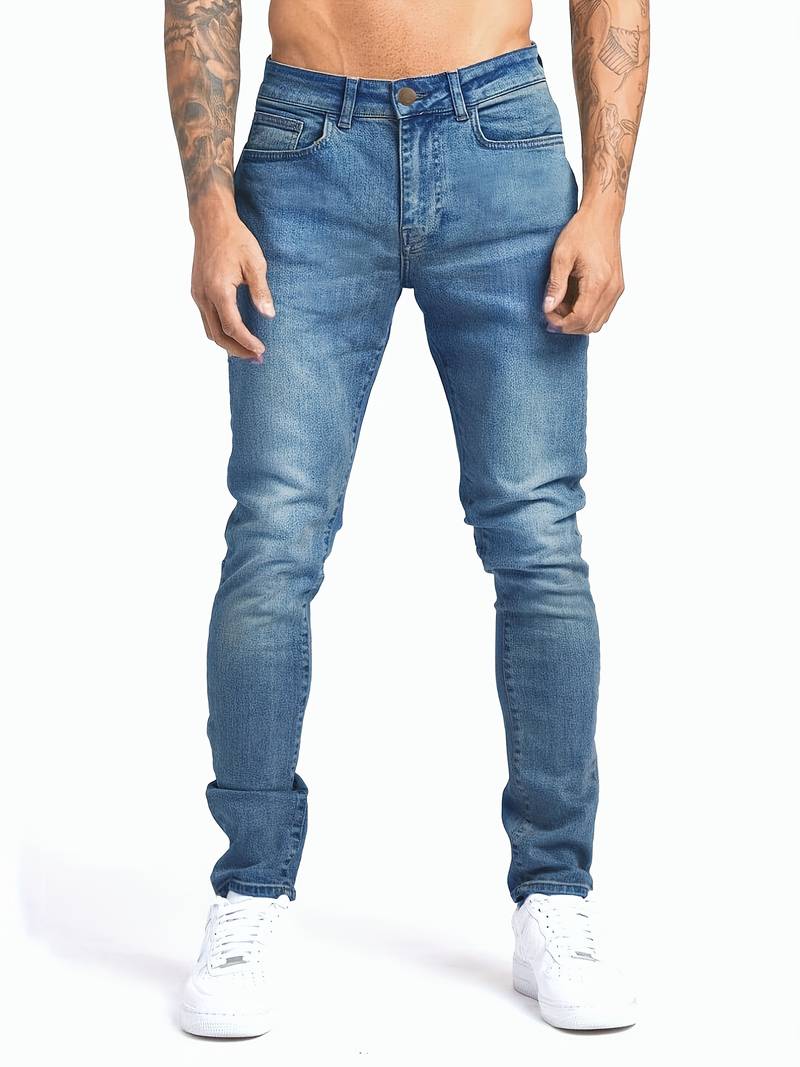 Men's tapered jeans with button fly closure and classic five-pocket design