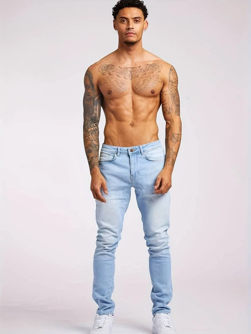 Side view of men's slim fit jeans highlighting the tapered leg silhouette