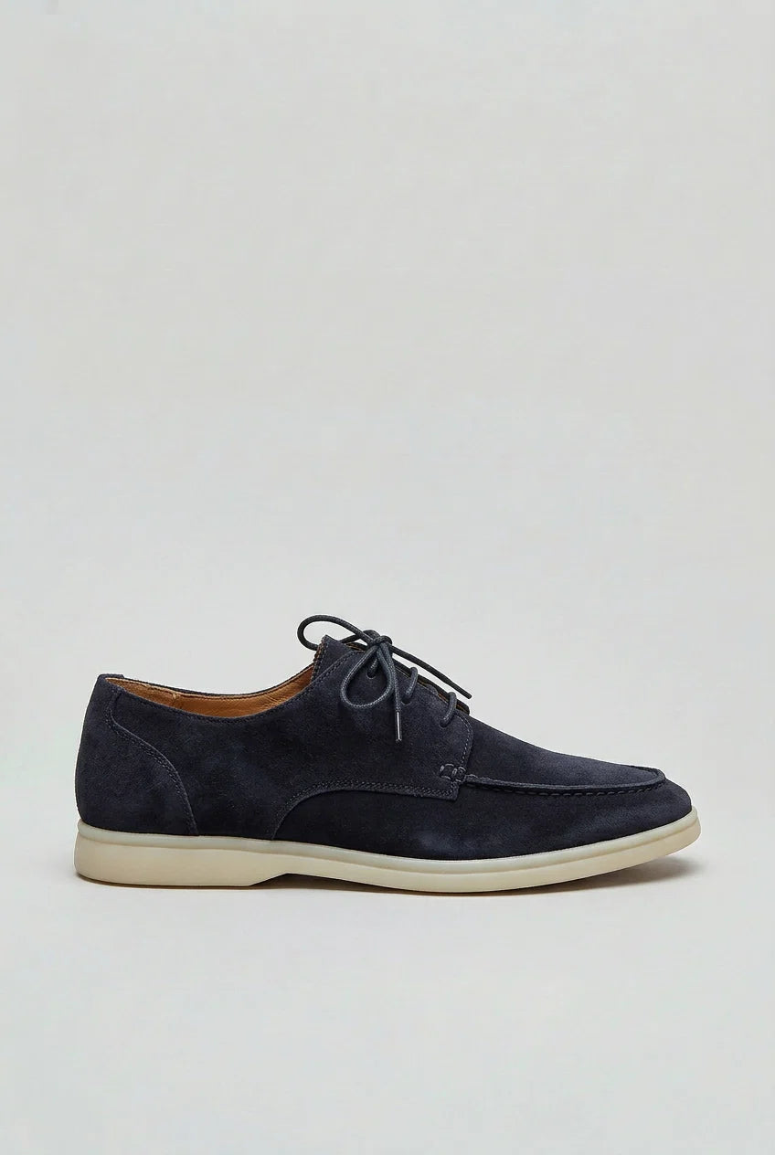 Men's suede lace-up loafers in navy with a soft refined finish and flexible construction for smart casual wear
