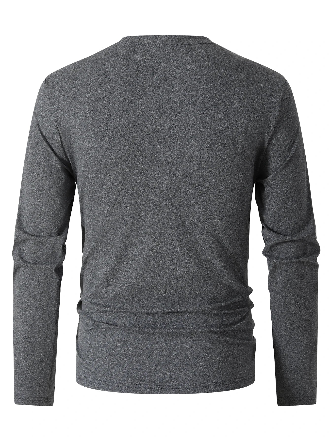 Close-up view of men's v-neck long sleeve t-shirt showing ribbed neckline and smooth fabric texture