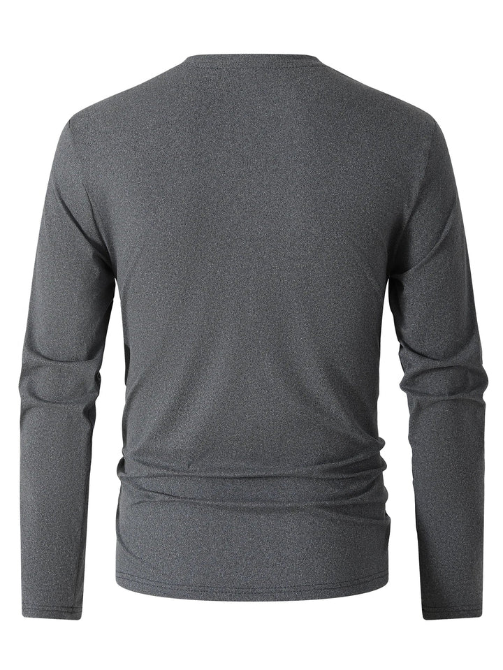 Close-up view of men's v-neck long sleeve t-shirt showing ribbed neckline and smooth fabric texture