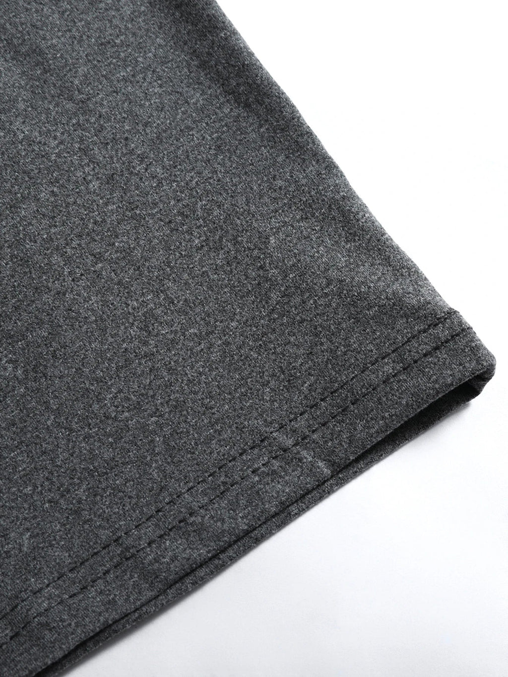 Detail shot of v-neckline on men's long sleeve t-shirt showing clean finish