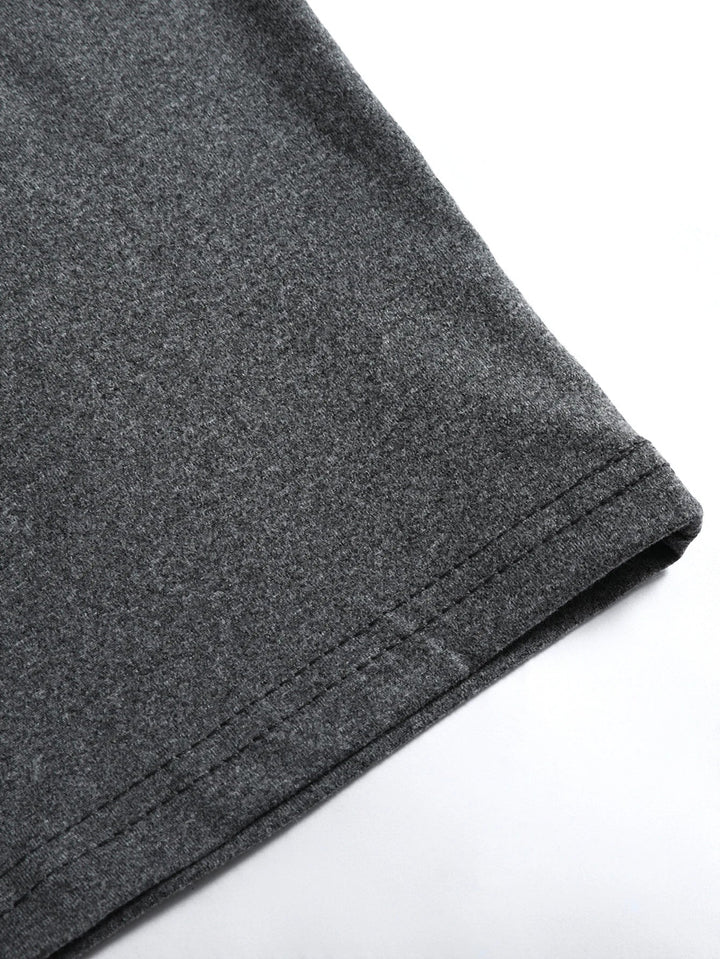 Detail shot of v-neckline on men's long sleeve t-shirt showing clean finish