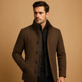 Men's wool-blend coat with stand collar and single-breasted button closure in brown