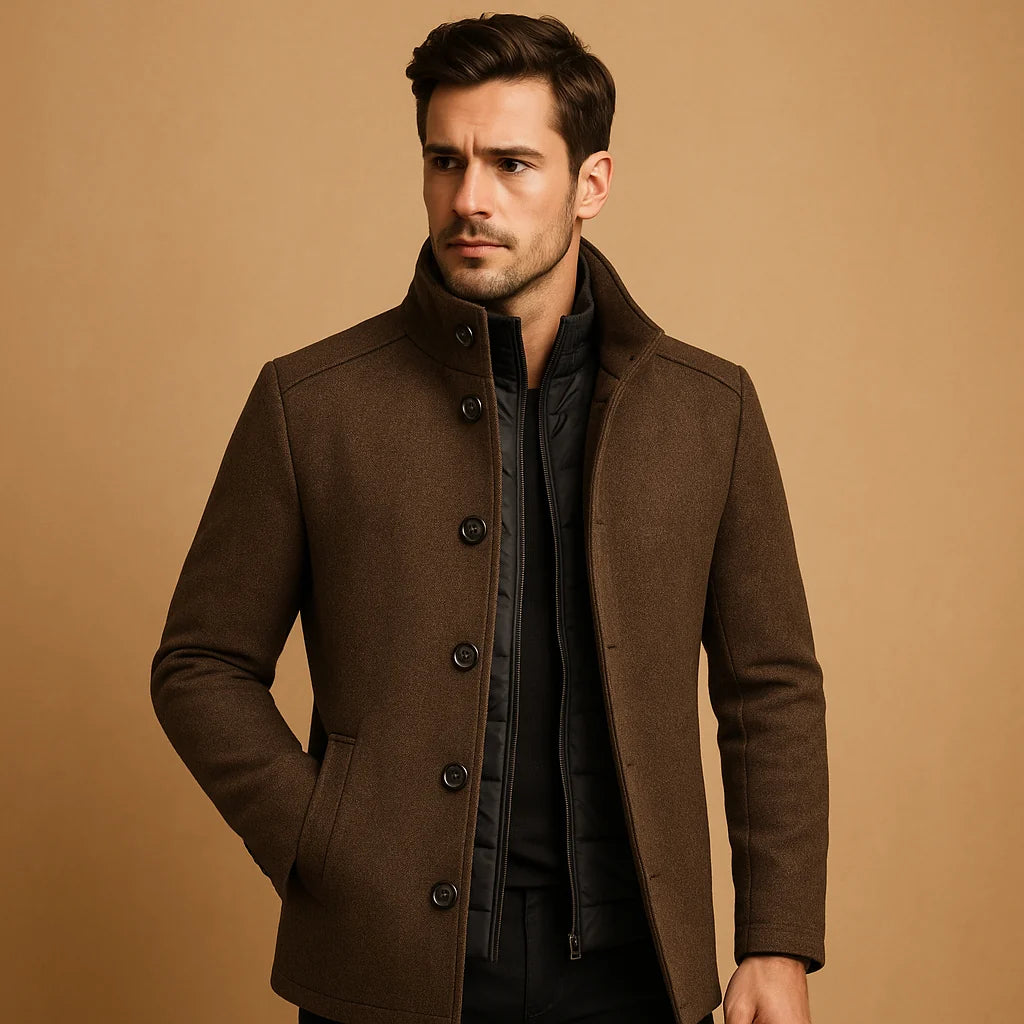 Men's wool-blend coat with stand collar and single-breasted button closure in brown