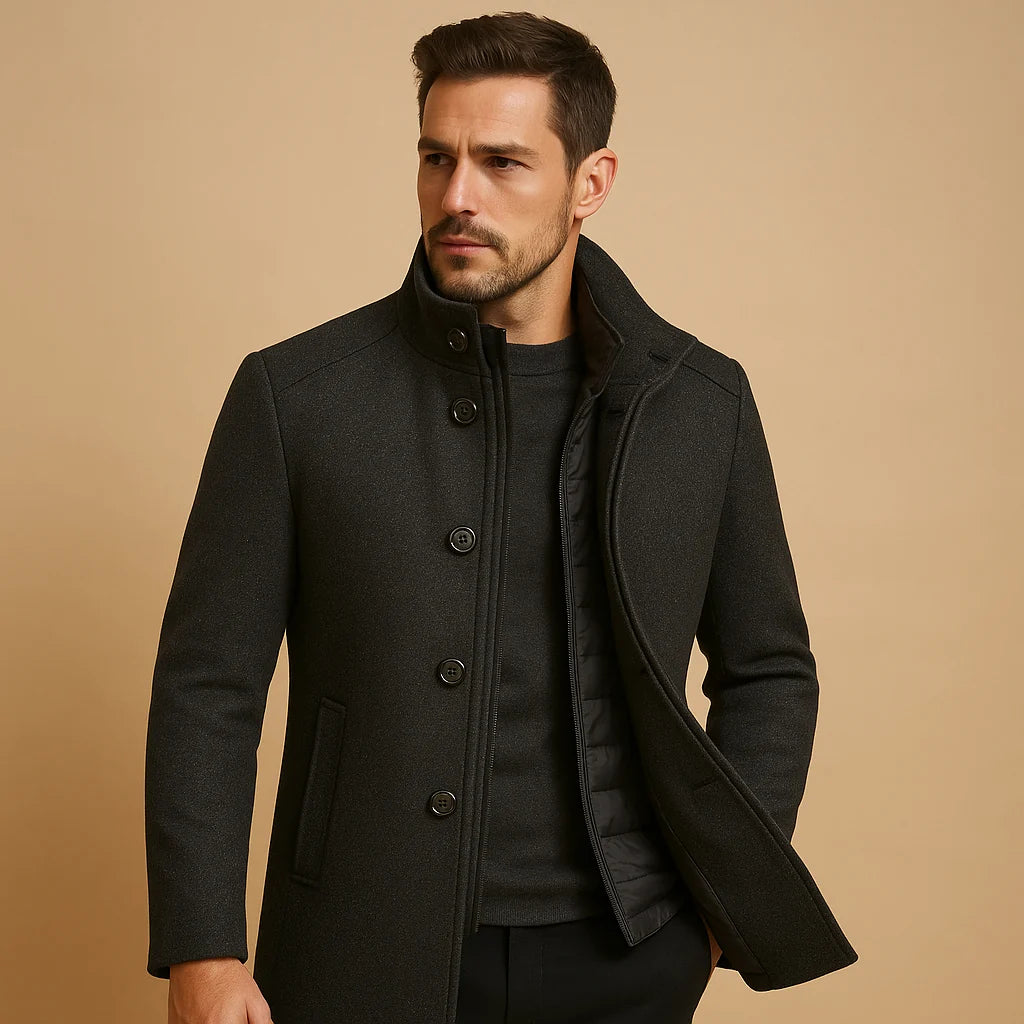 Side view of men's tailored coat showing structured fit and patch pockets