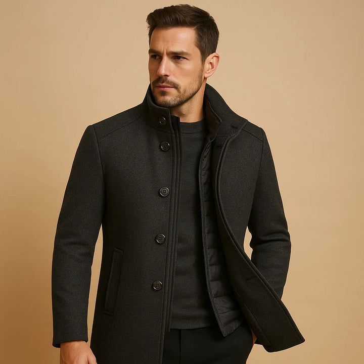 Side view of men's tailored coat showing structured fit and patch pockets