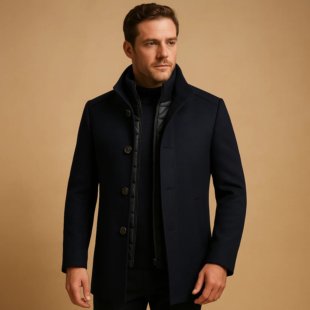 Close-up of men's coat stand collar and inner zip-up layer detail