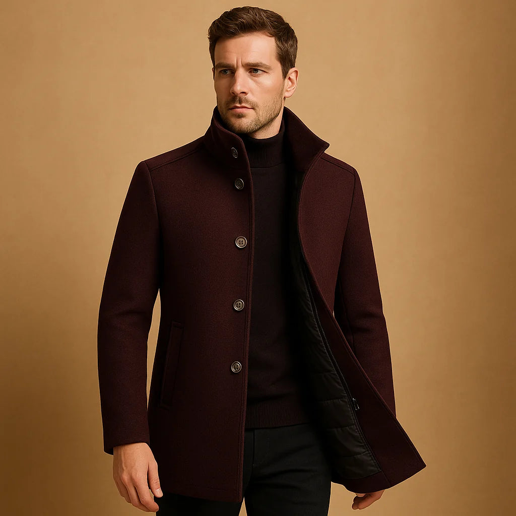 Men's wool-blend coat styled with smart-casual outfit for autumn wear