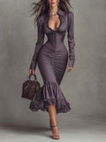 Satin midi dress with ruched skirt and mermaid hem in dusty mauve, featuring lace-trimmed neckline and button-front bodice