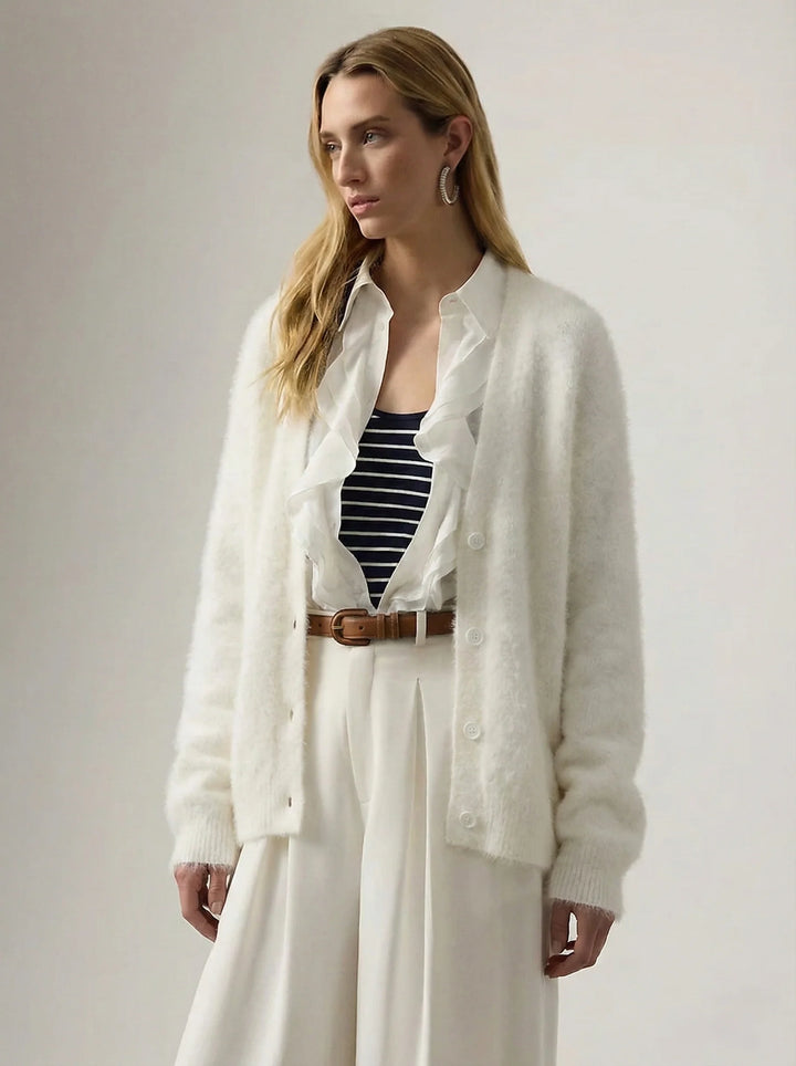 Full-length view of oversized cashmere cardigan with relaxed silhouette