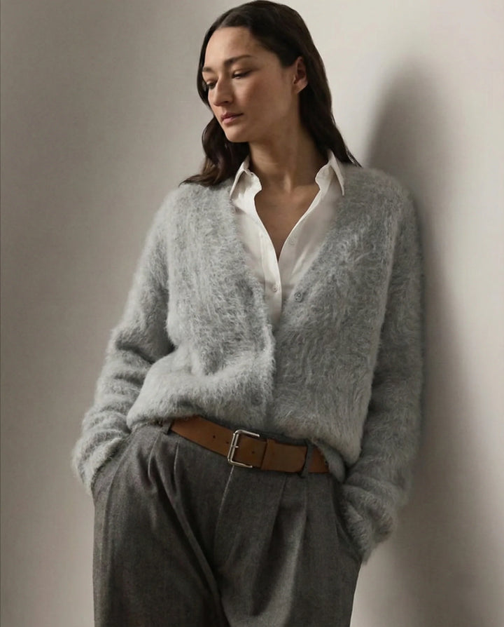 Detail of ribbed cuffs on fluffy cashmere cardigan showing structure