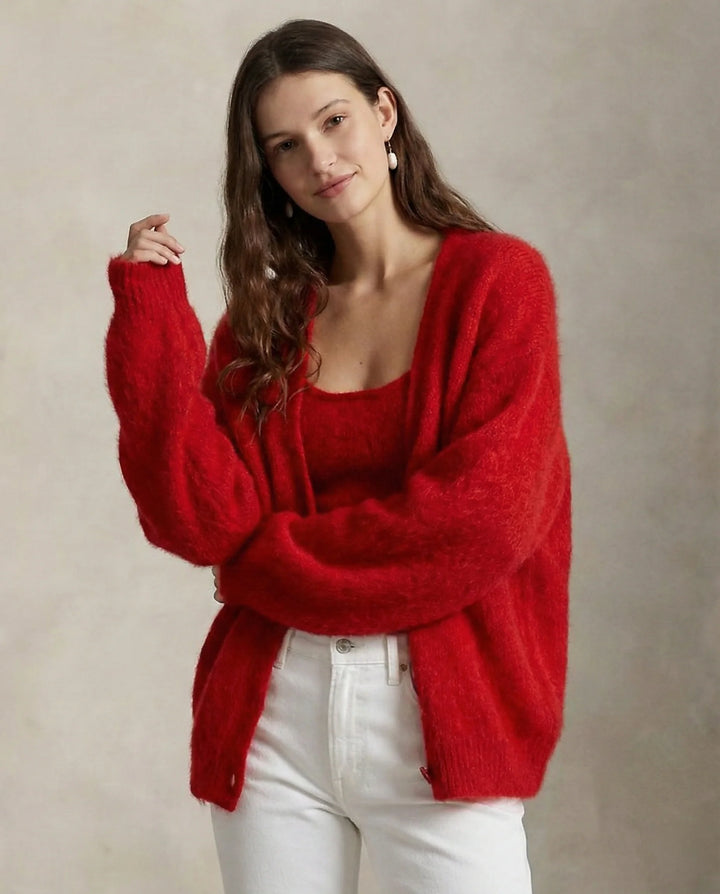 Full outfit view of cashmere cardigan paired with high-waist trousers