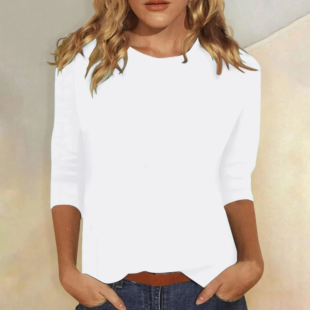 Close view of women's crew neck top showing round neckline and smooth fabric finish