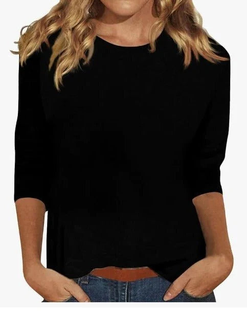 Detail of crew neck top fabric showing smooth finish and structured drape
