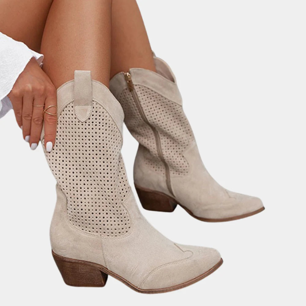 Rear view of perforated cowboy boots highlighting pull-tab and Western-inspired silhouette