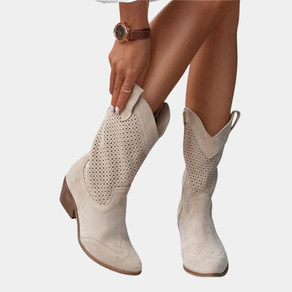 Detail shot of suede-effect cowboy boots with evenly spaced perforations across shaft
