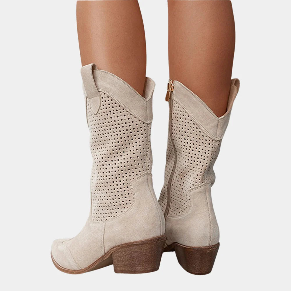 Women's block heel cowboy boots in neutral beige tone with mid-calf height and rounded toe