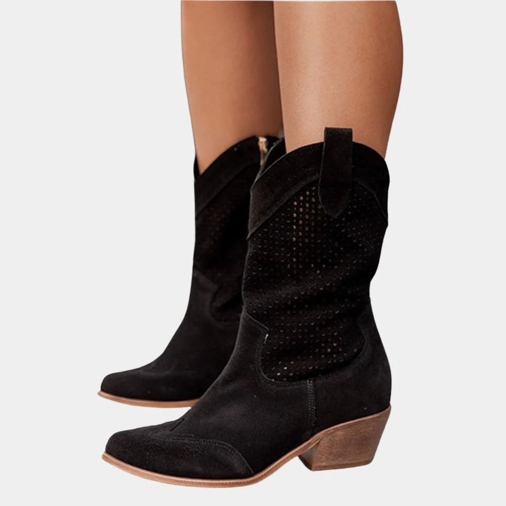 Full-length view of perforated mid-calf boots paired with casual daytime outfit