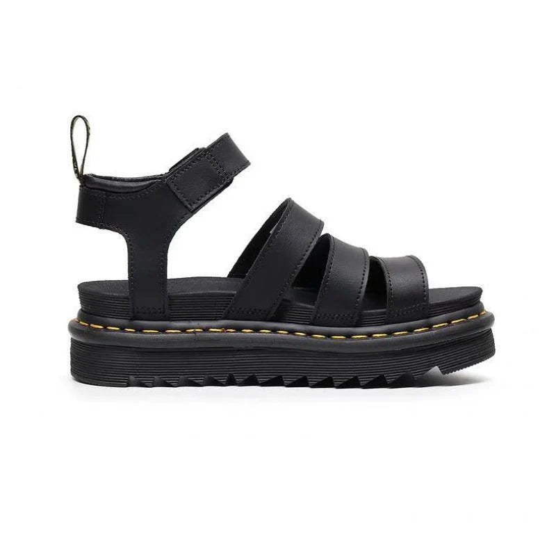 Rear view of women's platform sandals showing ankle strap fastening and heel pull tab
