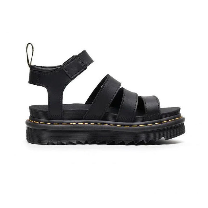 Rear view of women's platform sandals showing ankle strap fastening and heel pull tab