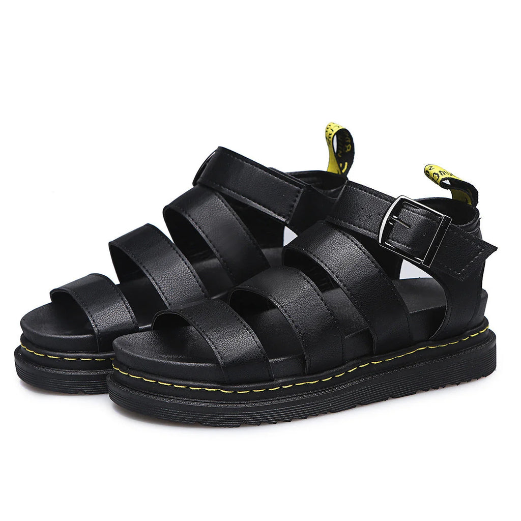 Women's platform sandals from above highlighting strappy upper and cushioned footbed design