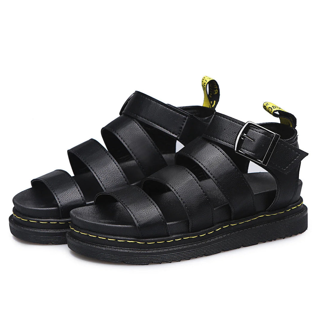 Women's platform sandals from above highlighting strappy upper and cushioned footbed design
