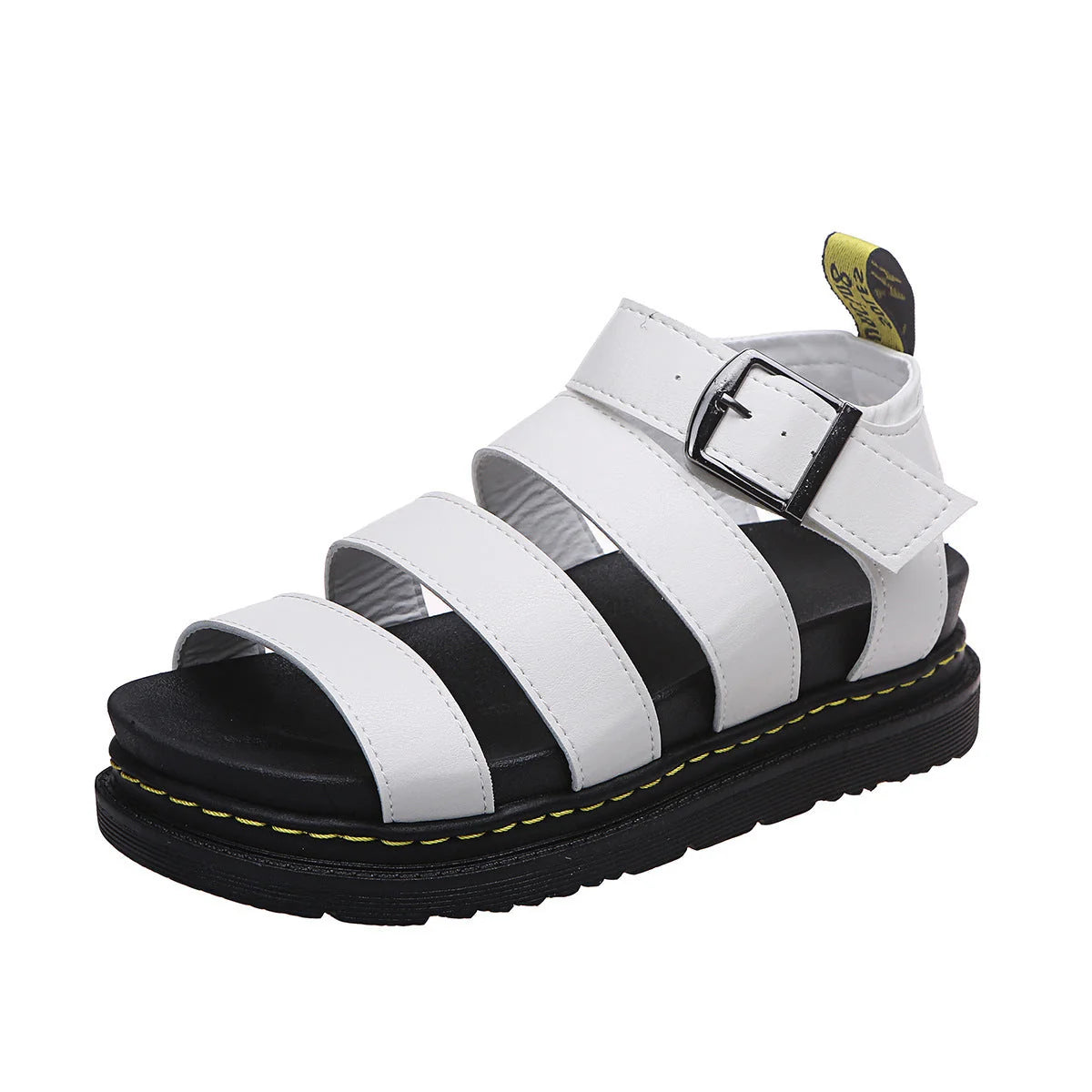 Detail shot of contrast stitching and tread pattern on women's platform sandal sole