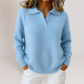 Women's polo collar knit jumper in light blue with three-button placket and relaxed fit