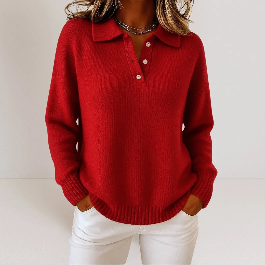 Side view of relaxed-fit women's knit jumper with ribbed hem and cuffs