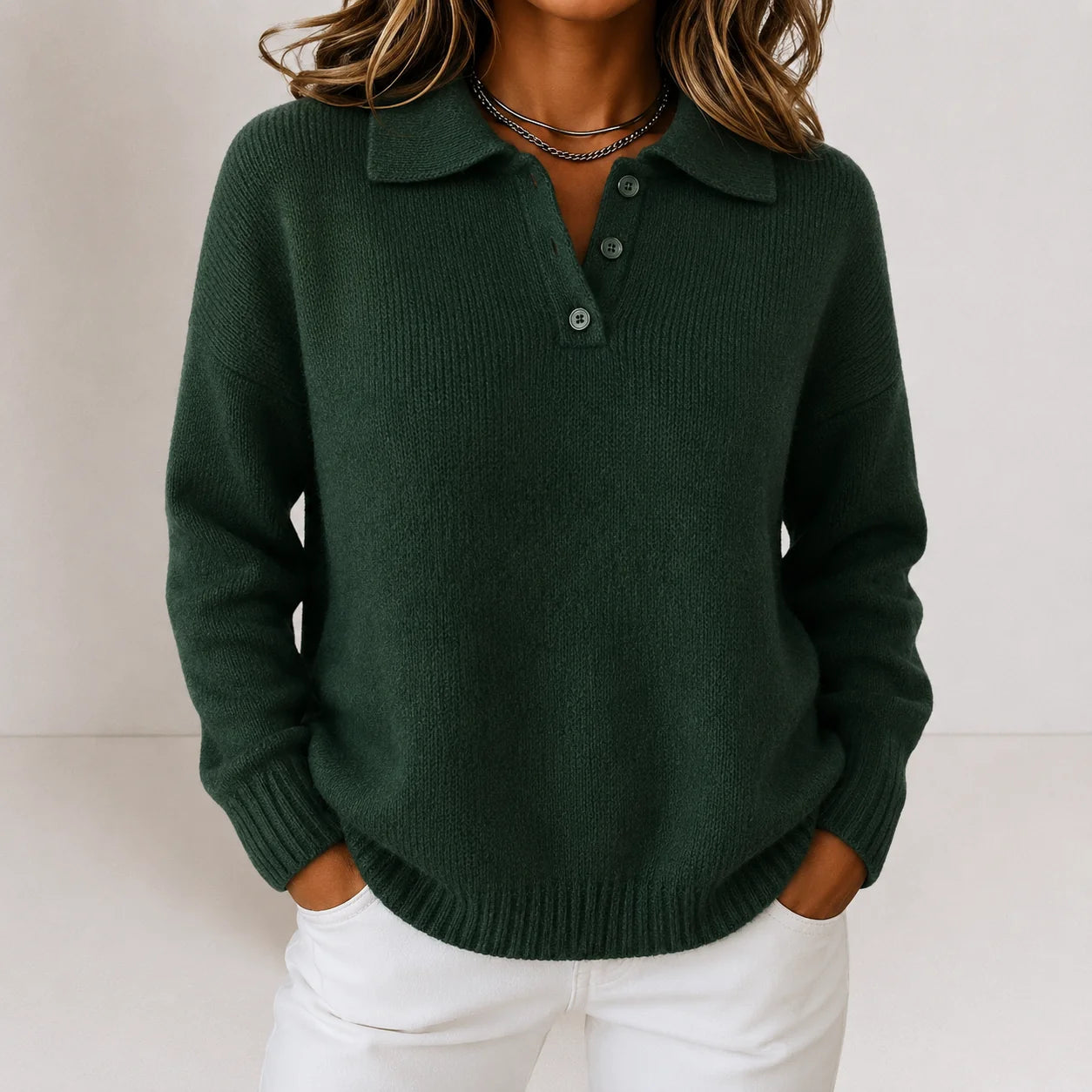 Women's polo collar jumper worn open for a relaxed everyday style