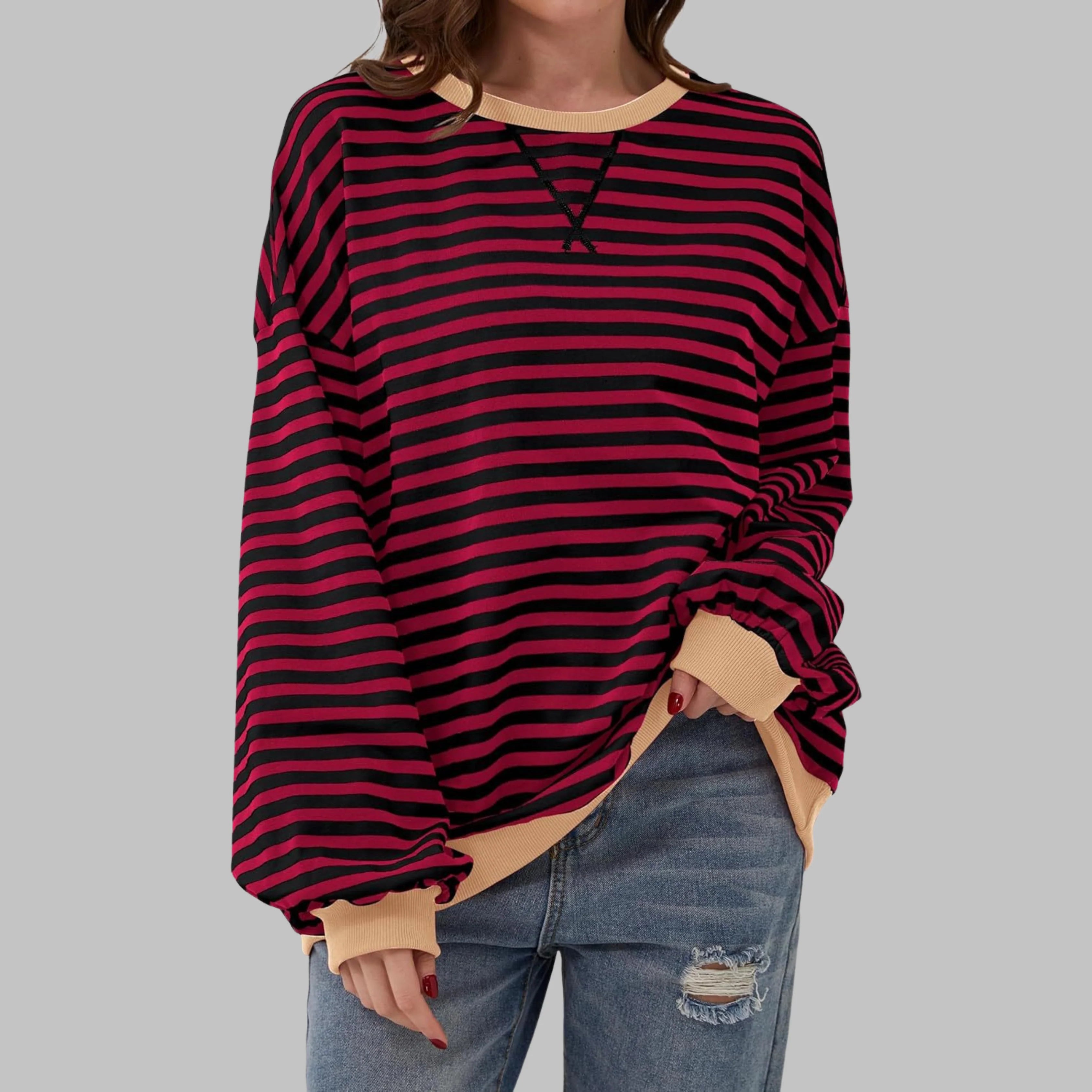 Close-up of crew neckline detail on striped jumper with contrasting ribbed trim