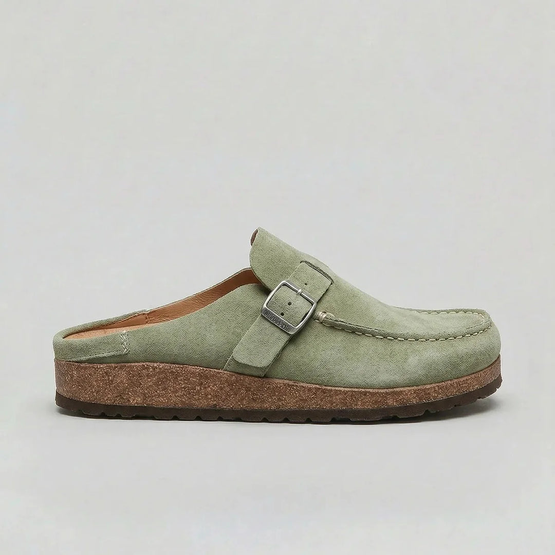 Close-up of adjustable buckle strap detail on women's suede clogs