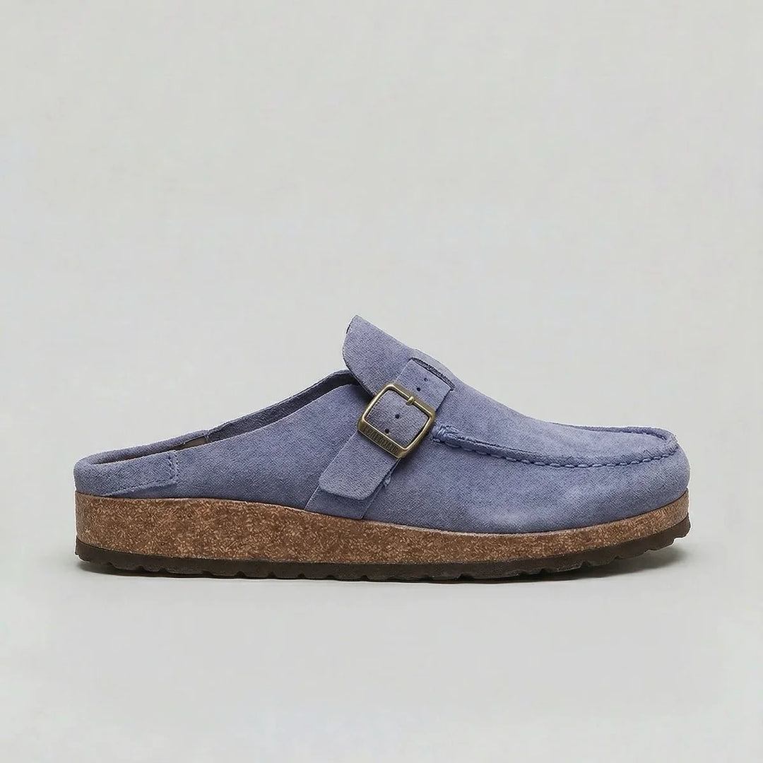 Overhead view of women's suede clogs showing slip-on design and buckle fastening