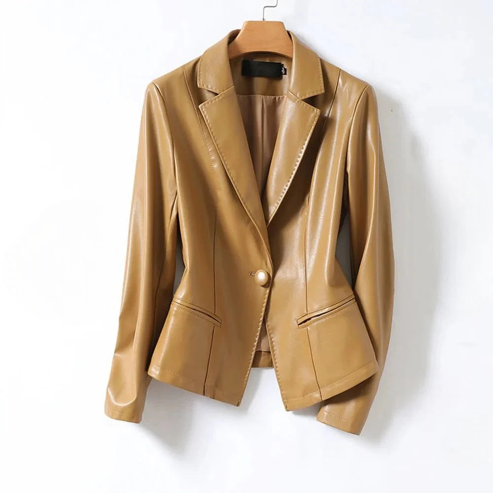 Women's tailored blazer in camel with single-button closure and notched lapels on hanger