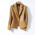 Women's tailored blazer in camel with single-button closure and notched lapels on hanger